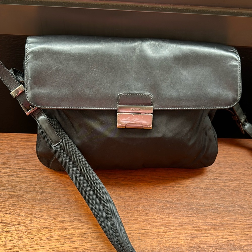 Prada black leather & nylon handbag.
